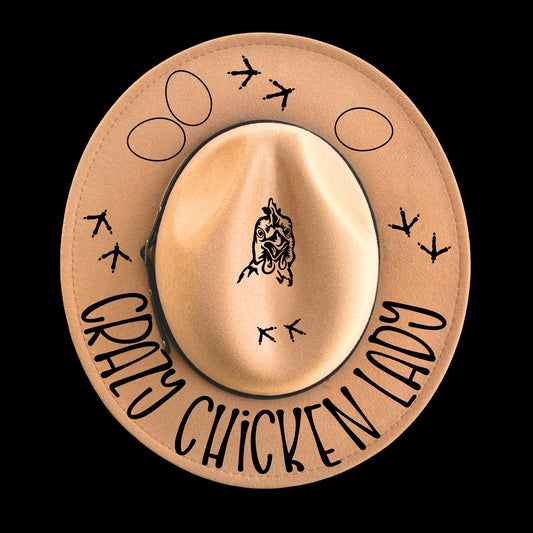 Narrow brim hat with 'Crazy Chicken Lady' text and chicken illustrations on a black background