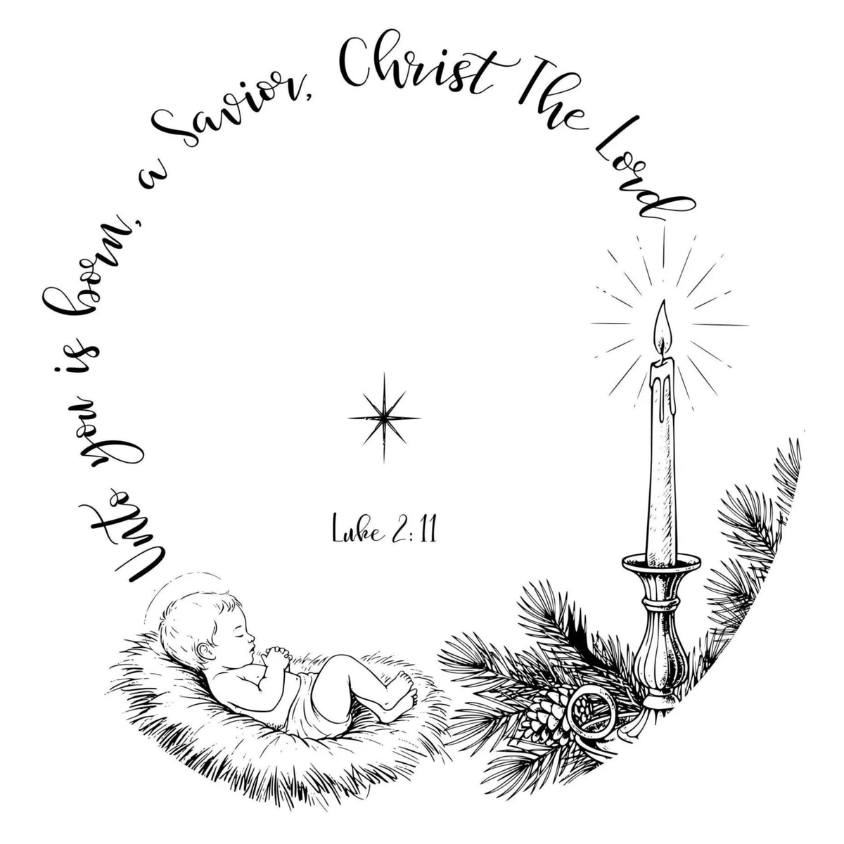 Black and white illustration of a baby in a manger with a candle and Christmas tree, featuring text about Jesus being born.