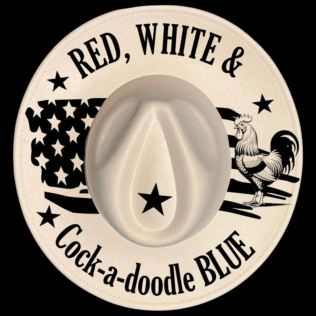 Cockadoodle Blue burned hat burning design on a wide brim hat