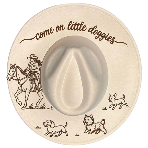 Wide brim hat with the "Come on little doggies" hat burning design