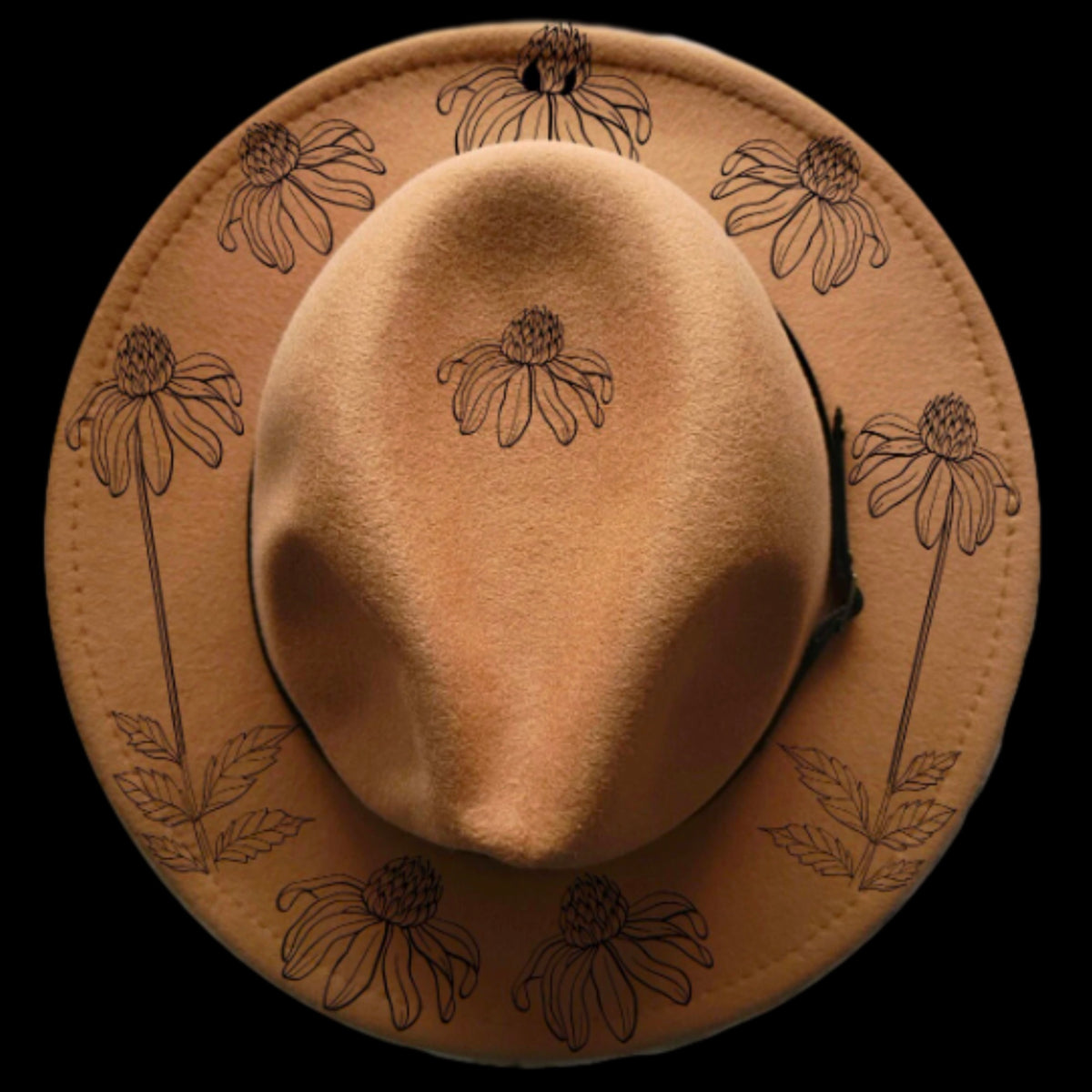 Coneflower burned hat burning design for a narrow brim hat.