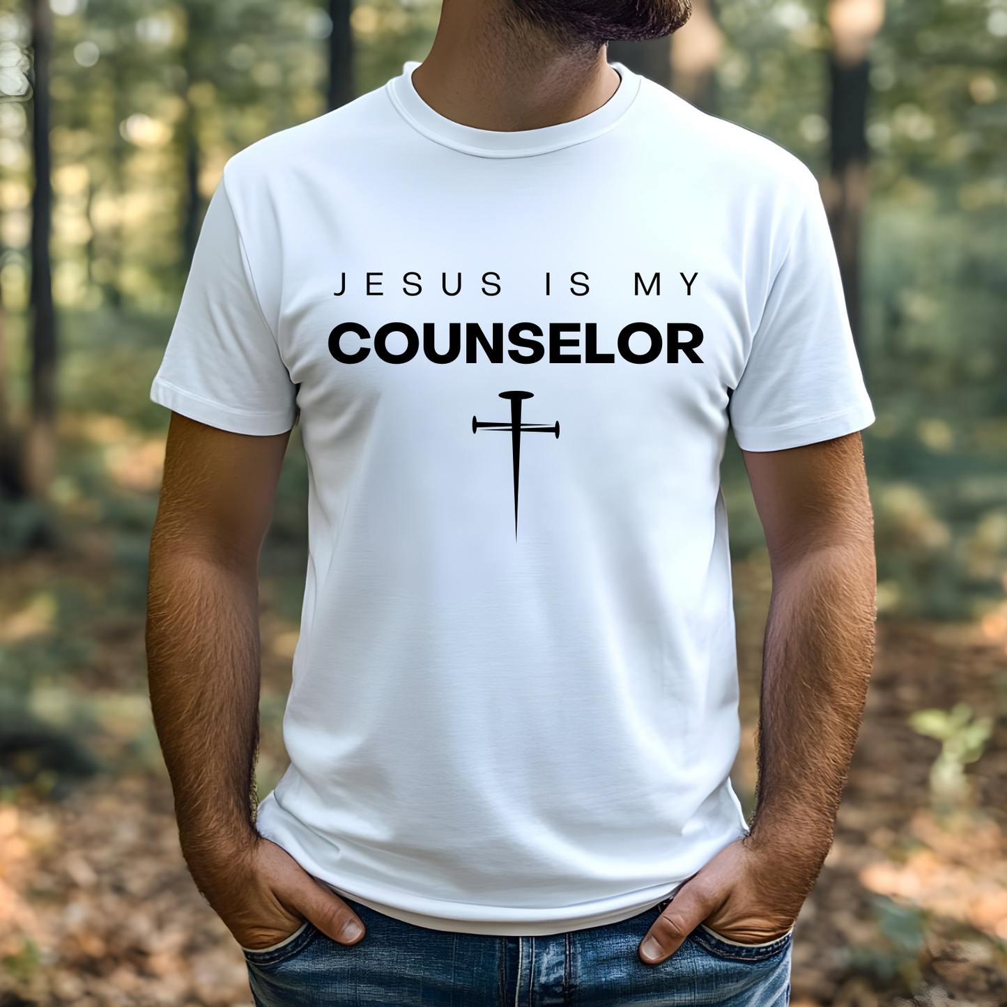 Jesus Is My Counselor digital design on a man’s white t-shirt.