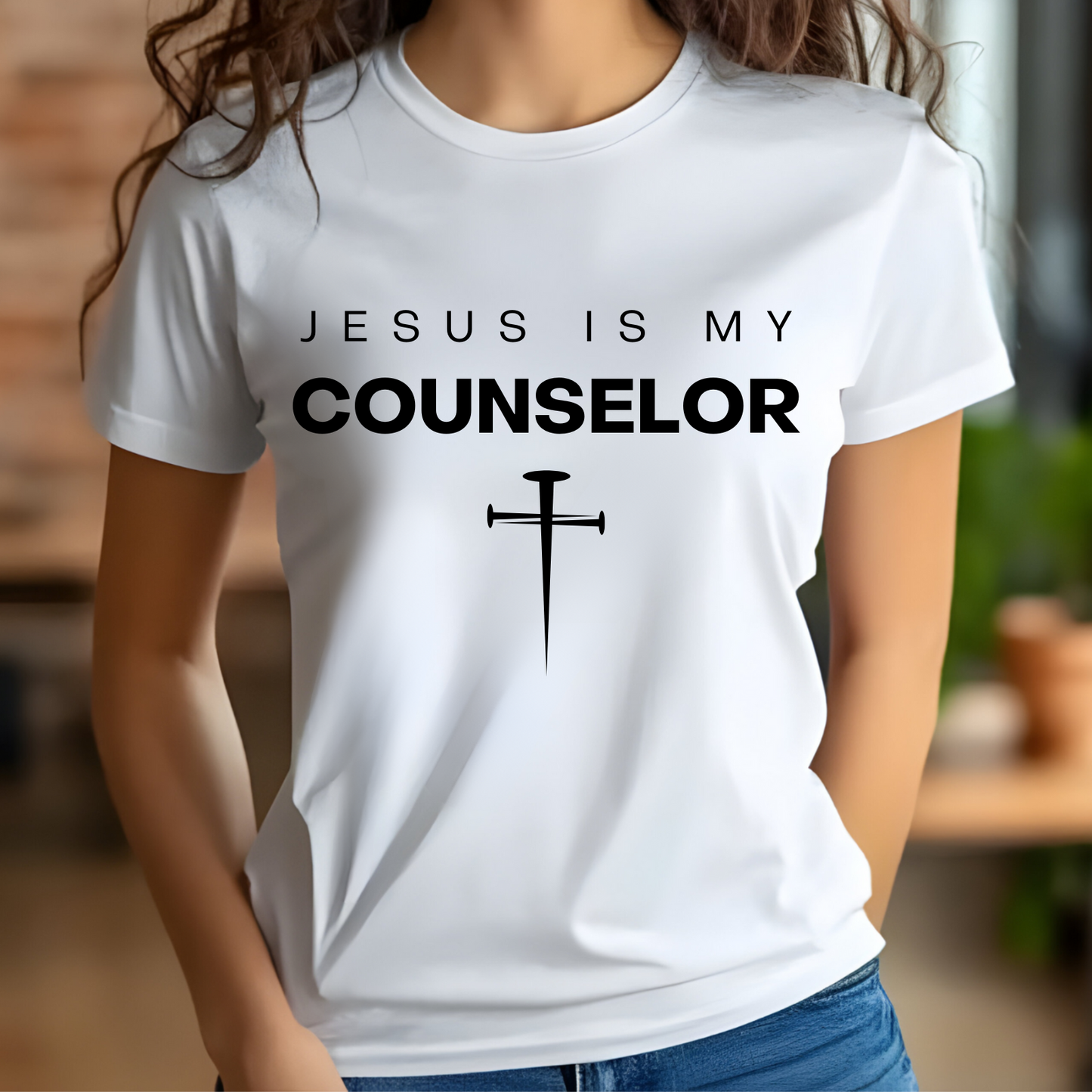 Jesus Is My Counselor digital design on a woman’s white t-shirt