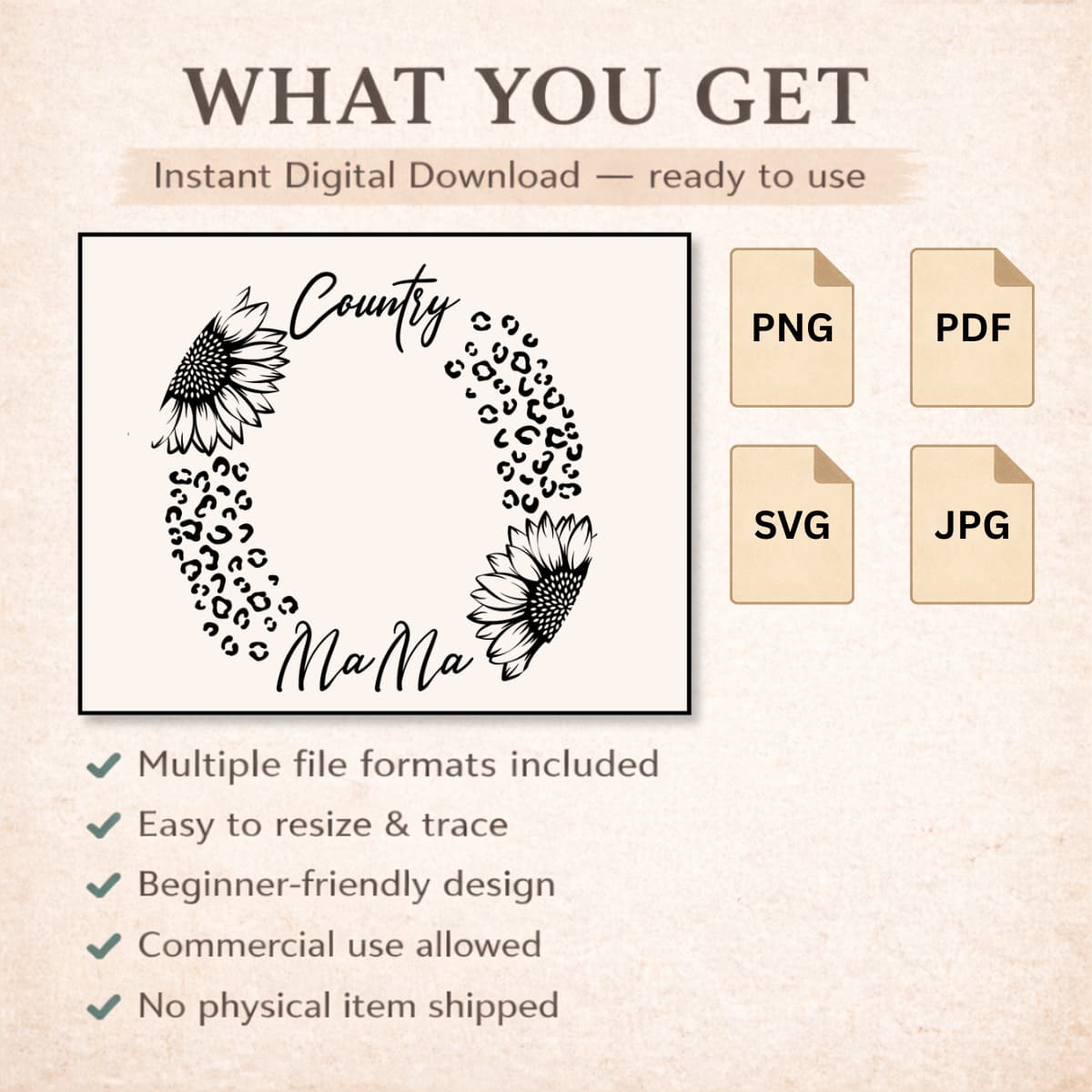 Digital download graphic with sunflower design and text on a beige background