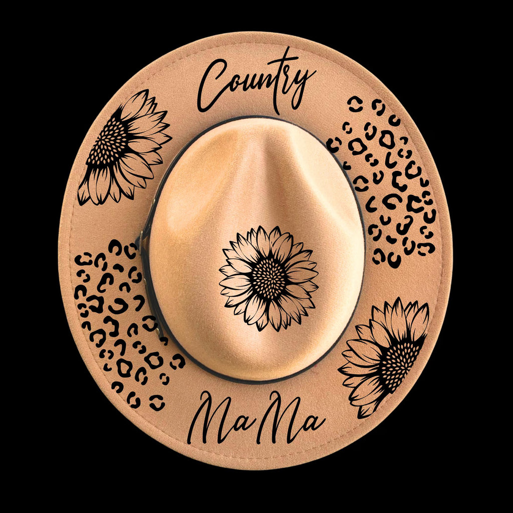 Narrow brim hat with sunflower and cheetah print designs and 'Country Mama' text on a black background