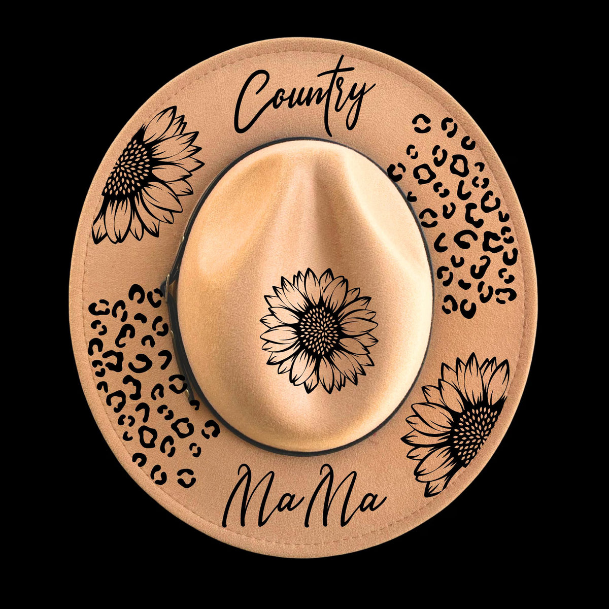 Narrow brim hat with sunflower and cheetah print designs and 'Country Mama' text on a black background