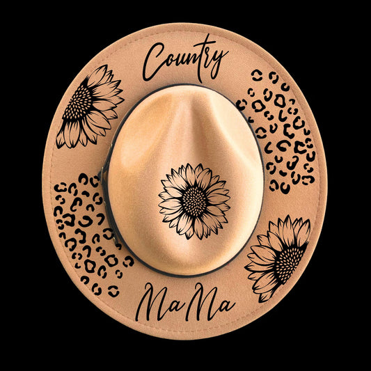 Narrow brim hat with sunflower and cheetah print designs and 'Country Mama' text on a black background