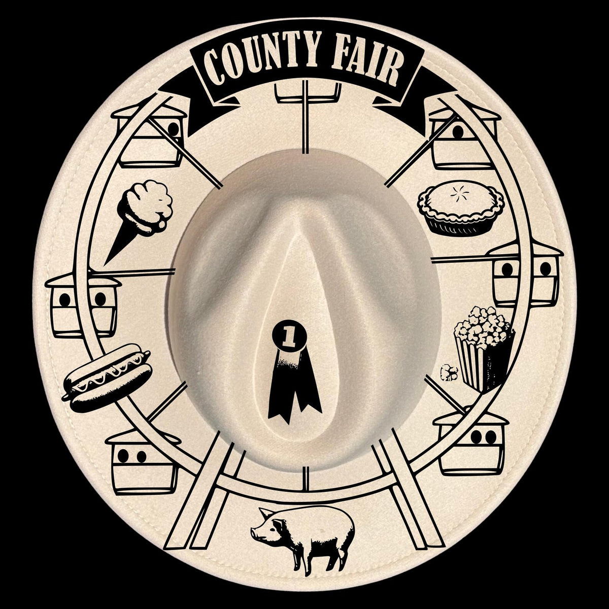 Wide brim hat with county fair illustrations and a central emblem.