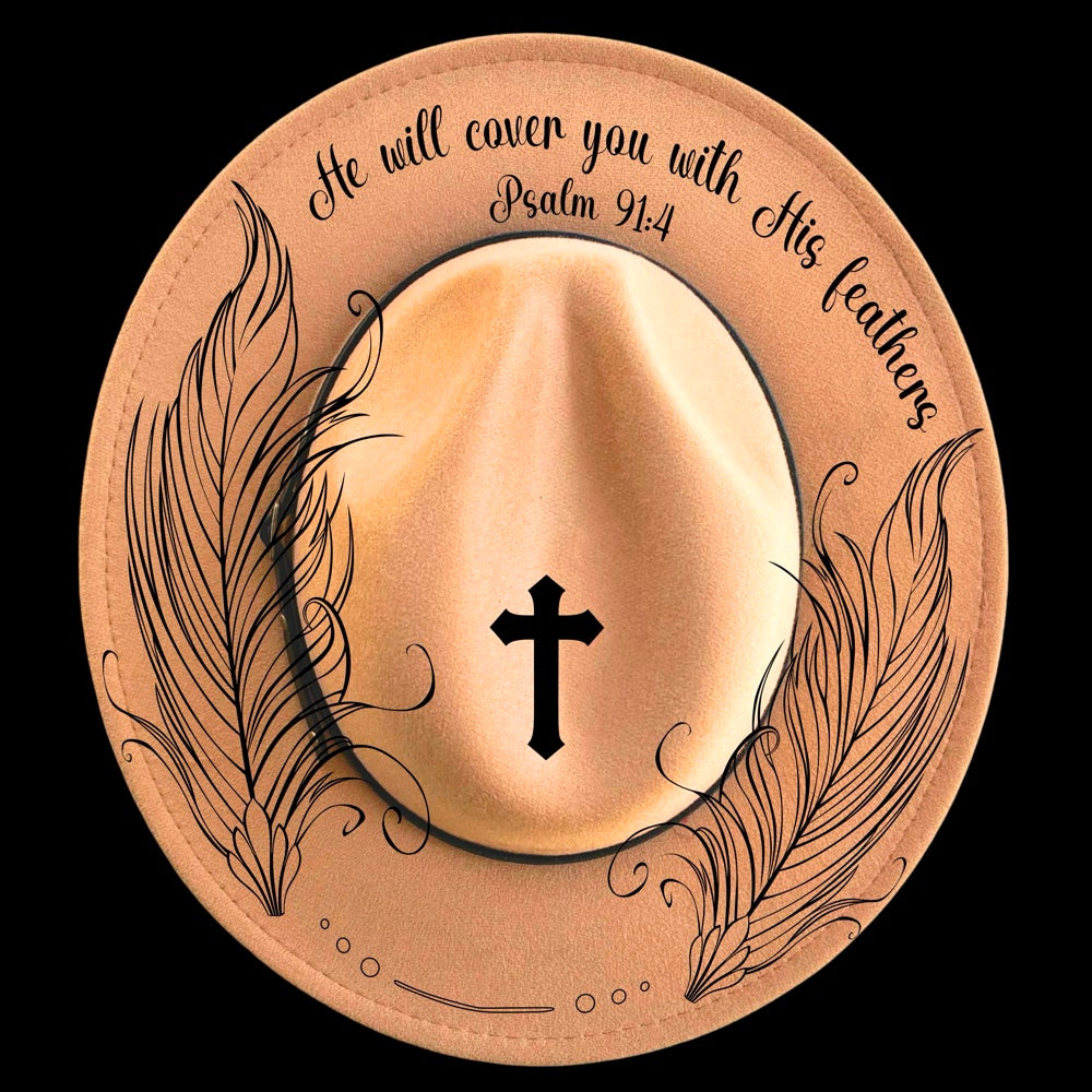 A brown hat with a narrow brim featuring a burning design, a cross, and text from Psalm 91:4.