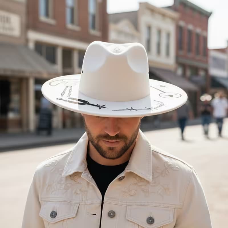 Man wearing a white hat with black designs on a street scene