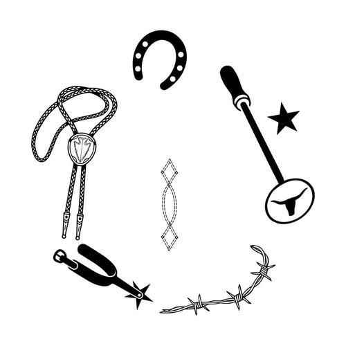 Set of black and white illustrations including a bolo tie, horseshoe, star, whip, and barbed wire on a white background.