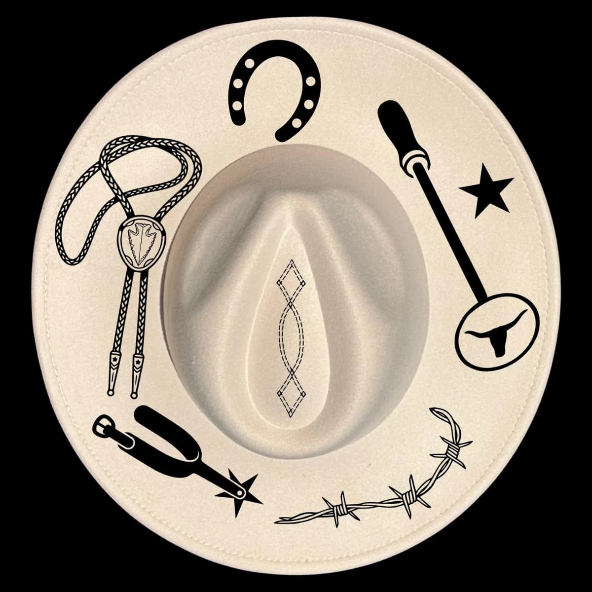 Wide brim hat featuring a cowboy hat with lasso, horseshoe, spurs, and barbed wire on a white background.