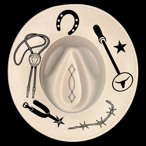 Wide brim hat featuring a cowboy hat with lasso, horseshoe, spurs, and barbed wire on a white background.