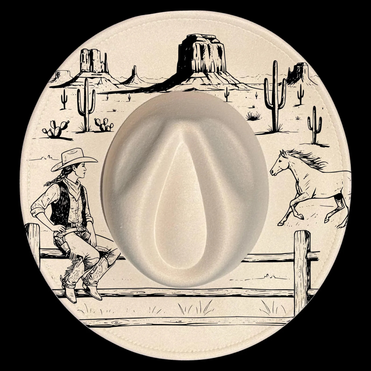 Wide brim hat with a cowboy, horse, and desert landscape design.