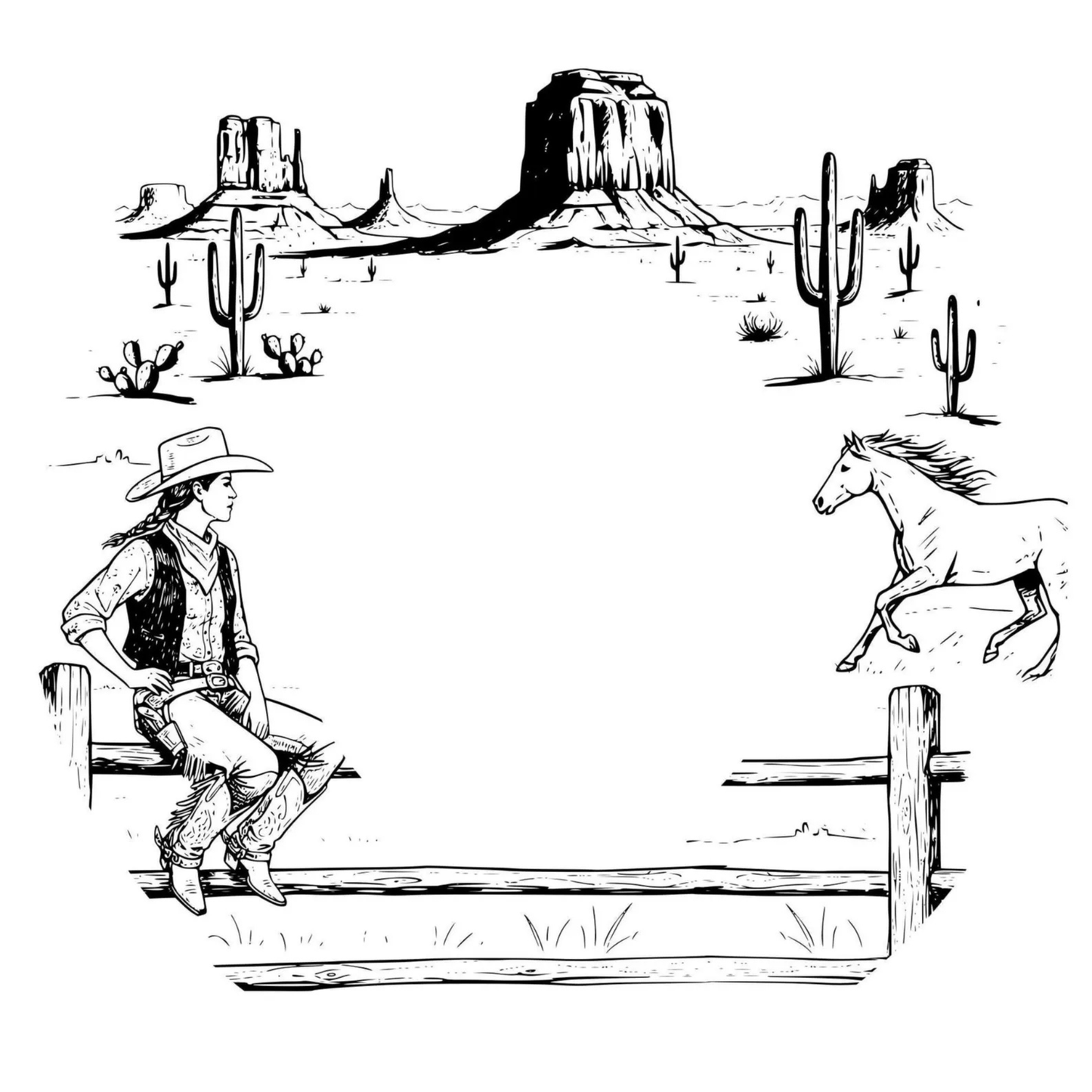 Design of a cowboy sitting on a fence with a horse and desert landscape in the background.