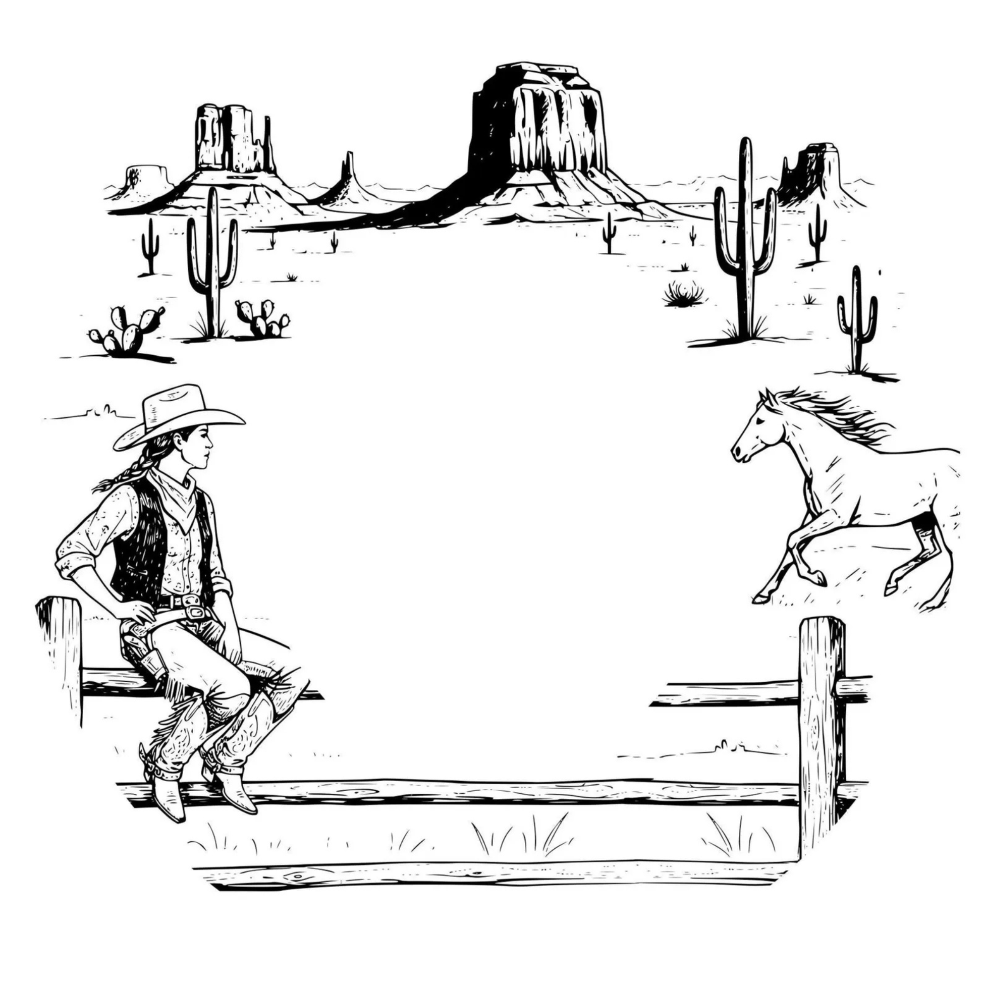 Design of a cowboy sitting on a fence with a horse and desert landscape in the background.