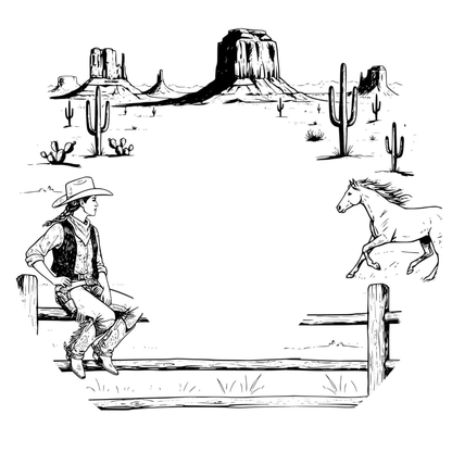 Design of a cowboy sitting on a fence with a horse and desert landscape in the background.