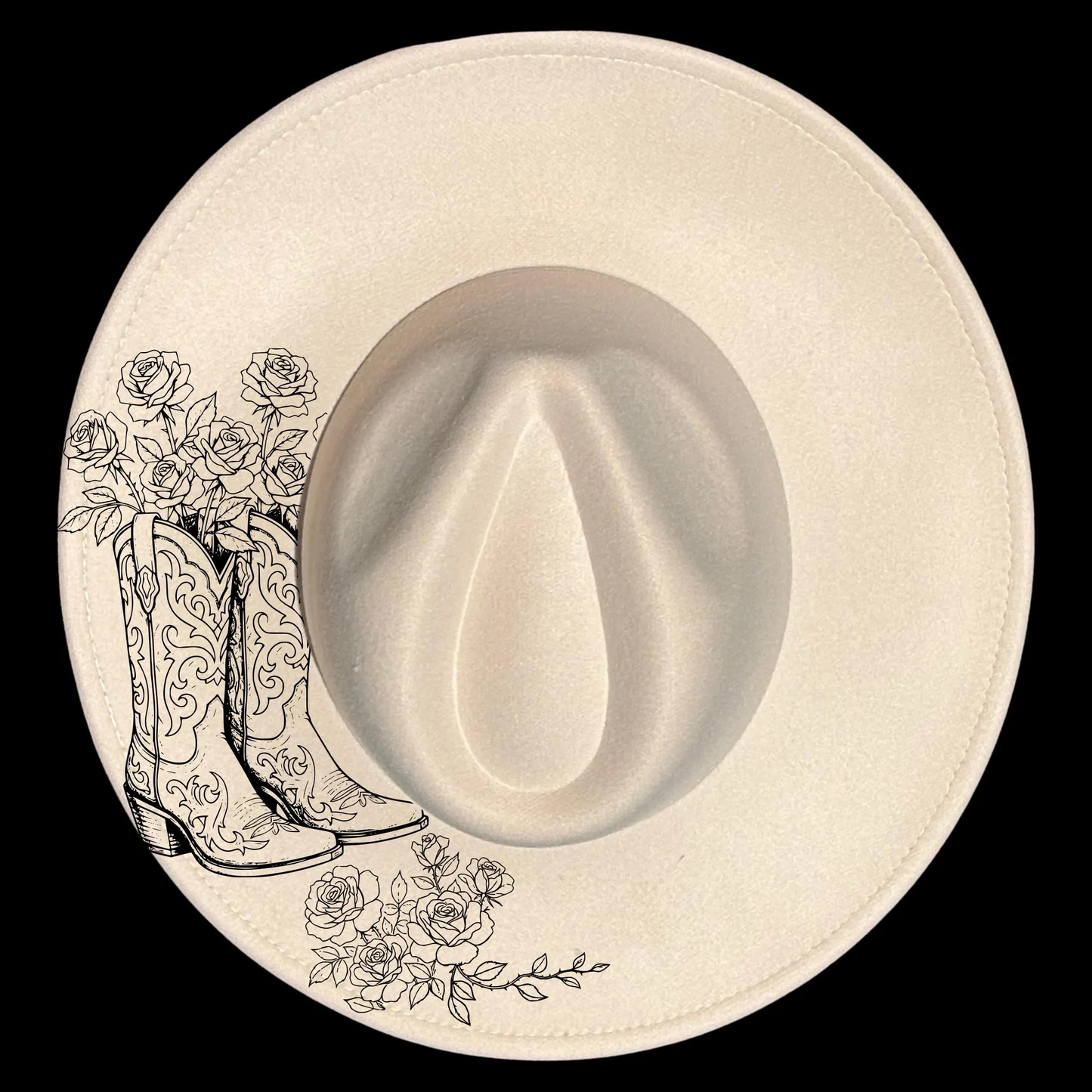 Cowboy hat with black boot and floral design on a white background
