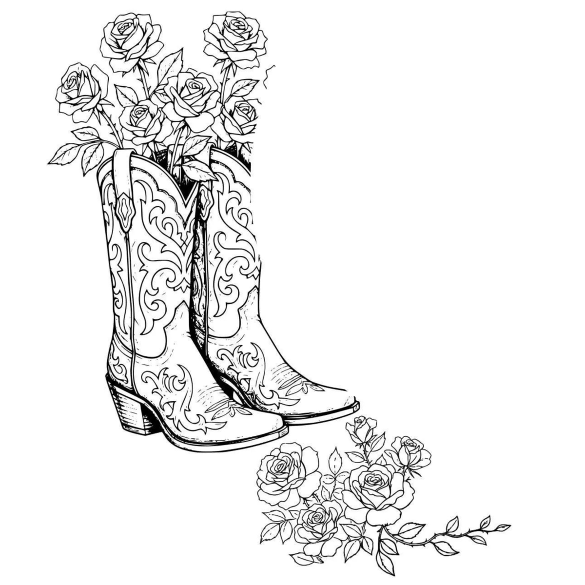 Black and white design of cowboy boots with floral design on a white background