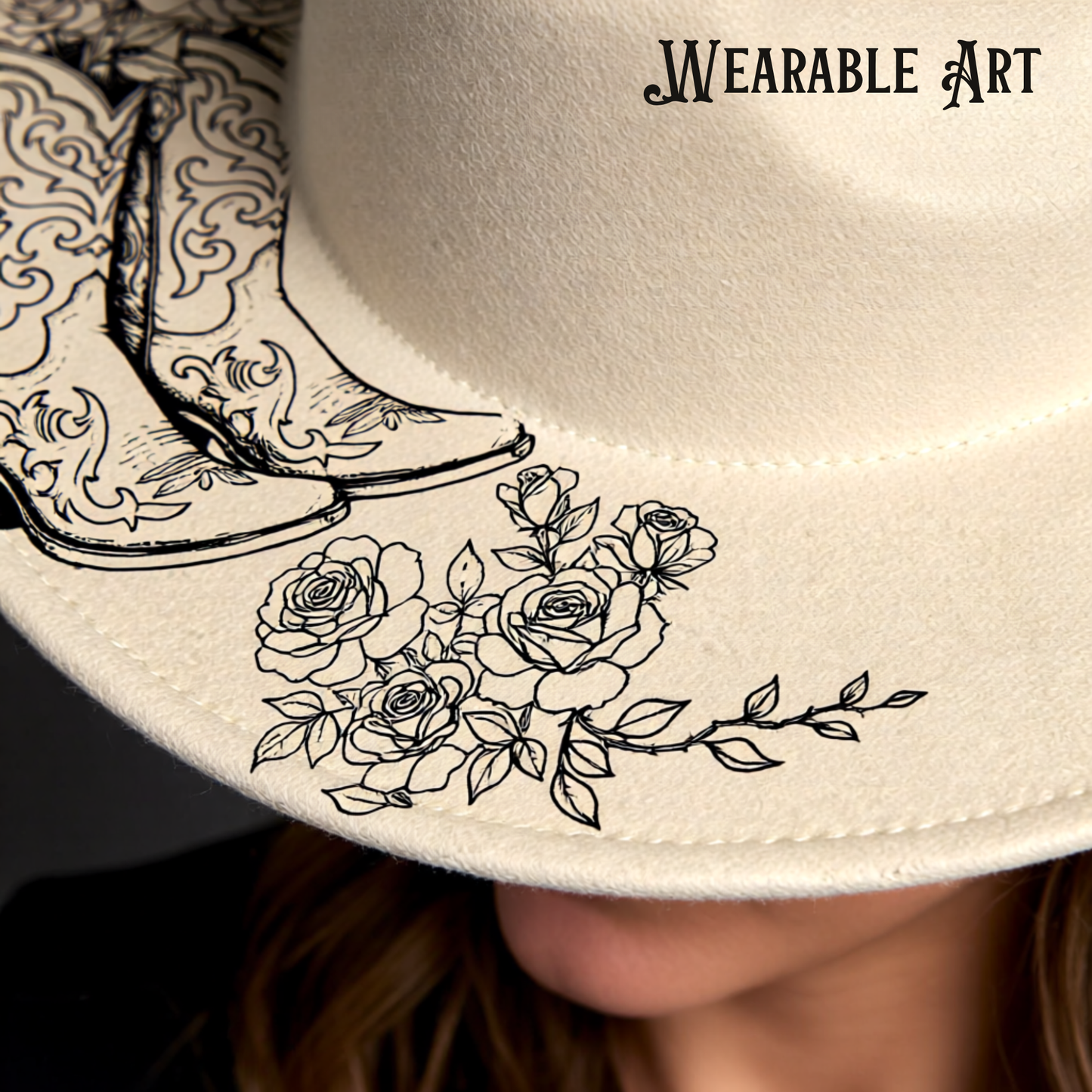 Woman wearing a cowboy hat with boots and floral design