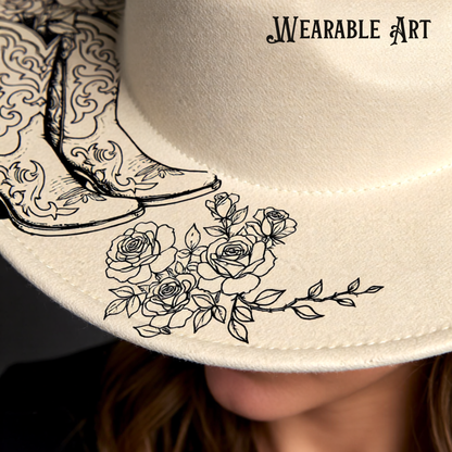 Woman wearing a cowboy hat with boots and floral design