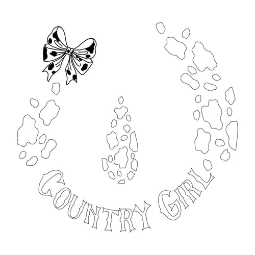 Black and white graphic with a bow, paw prints, and 'Country Girl' text on a white background