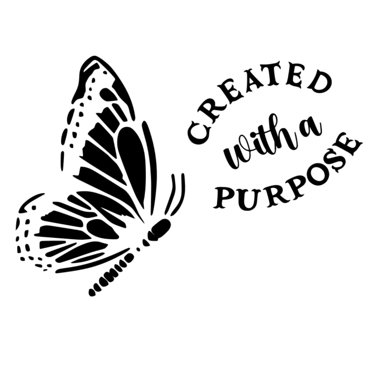 Black butterfly illustration with 'Created with a Purpose' text on a white background
