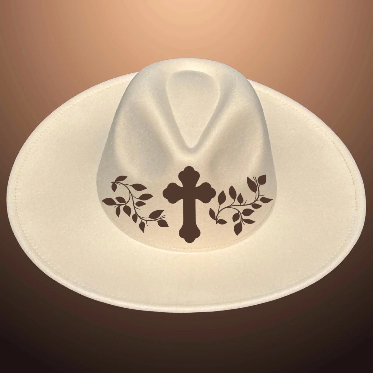 Cross and Vine design on a wide brim hat