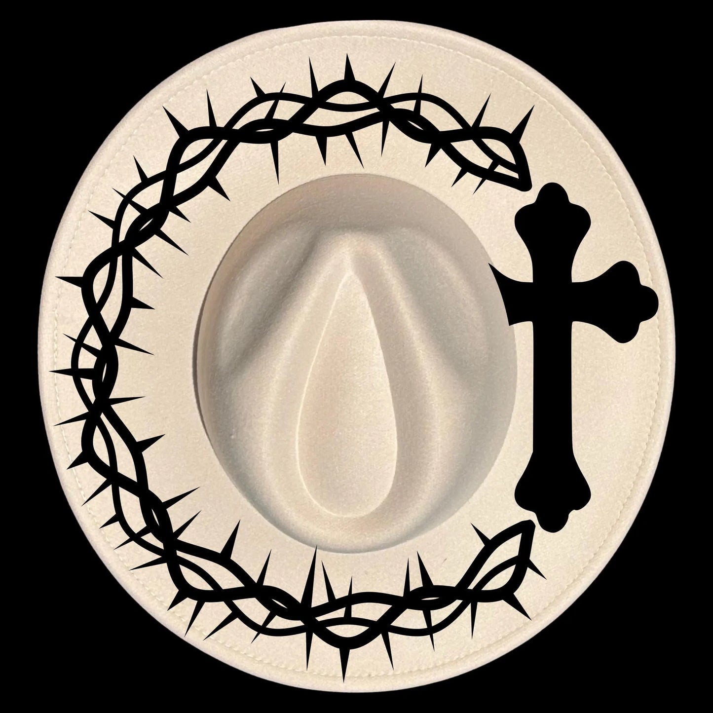 Wide brim hat with a Christian design of thorns and a cross on a black background