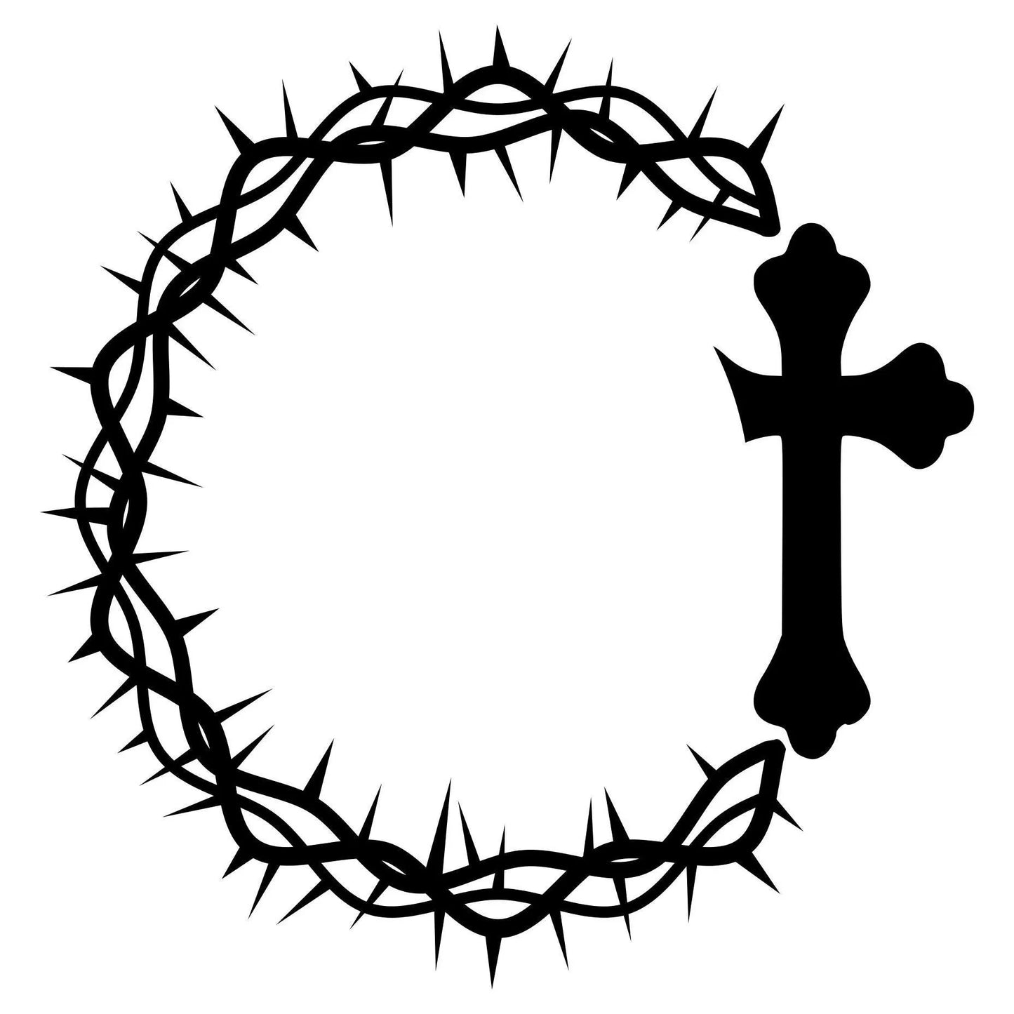 Black silhouette of a crown of thorns and a cross design on a white background