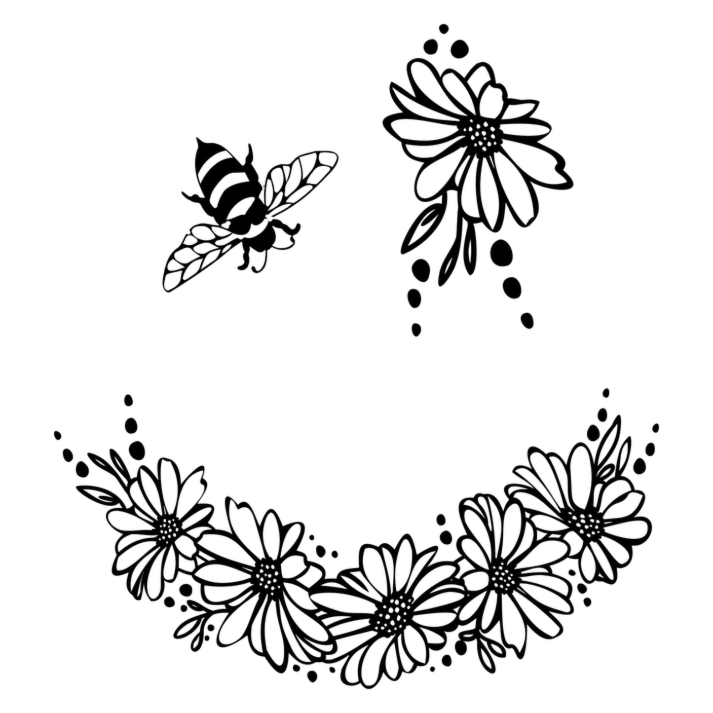 Black and white design of a bee and flowers on a white background