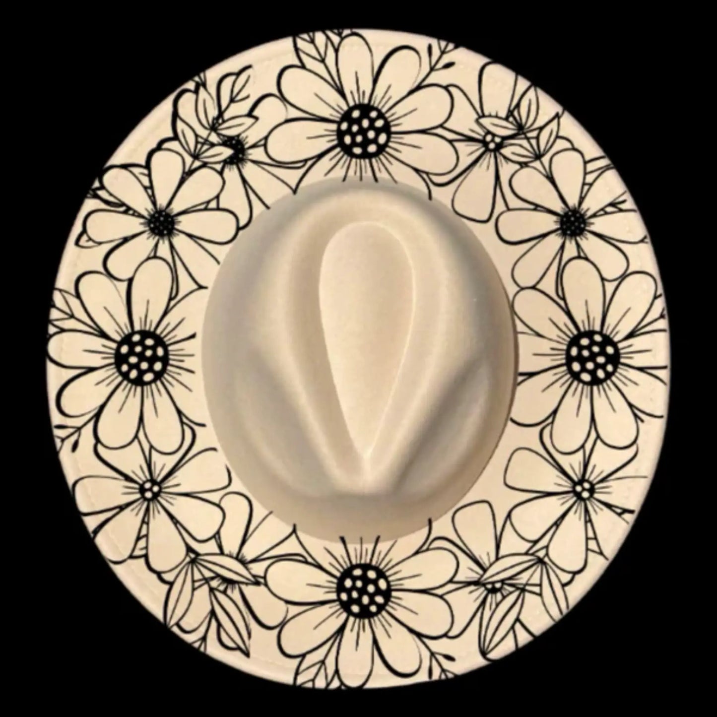 Wide brim hat with daisy patterns on a black background 050226