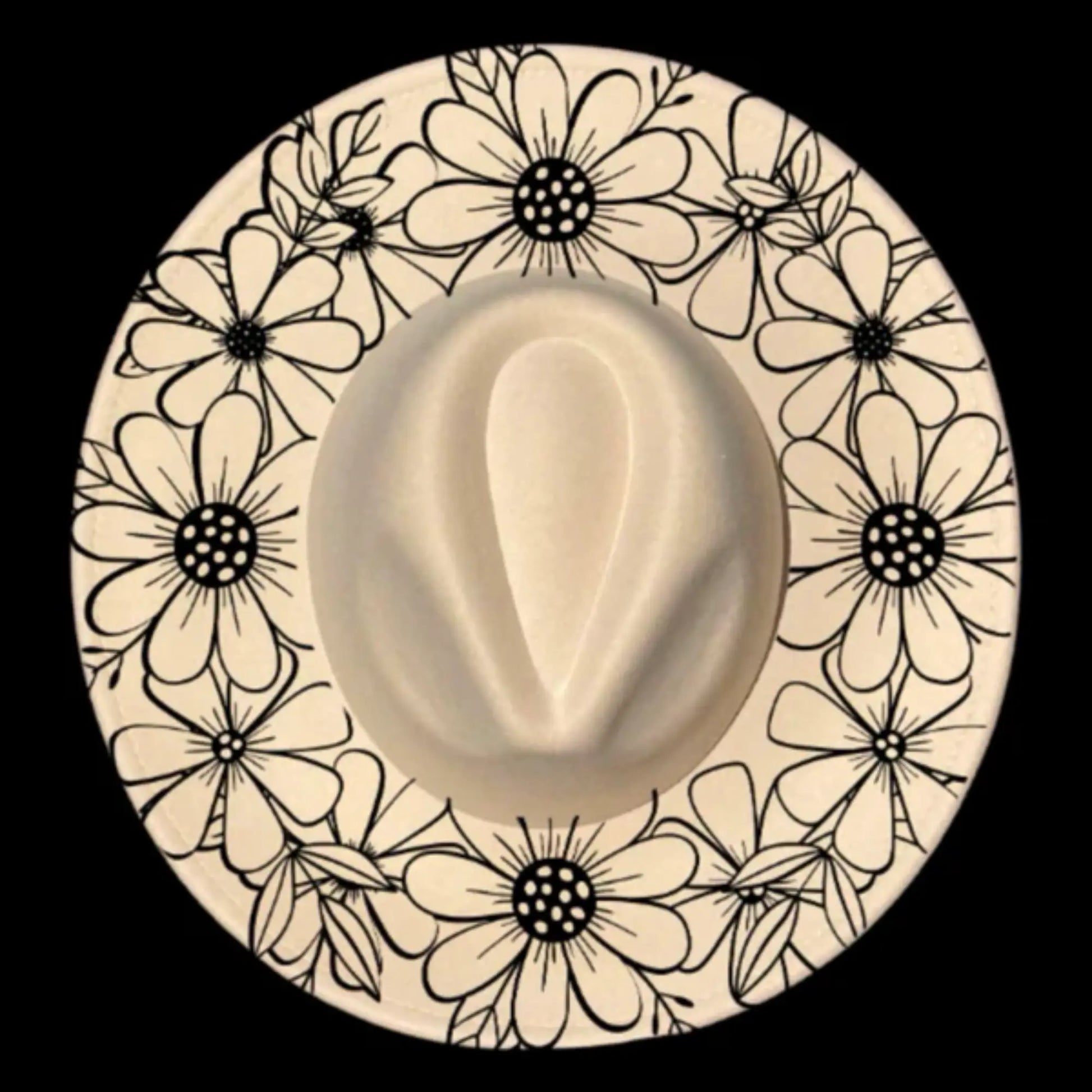 Wide brim hat with daisy patterns on a black background 050226