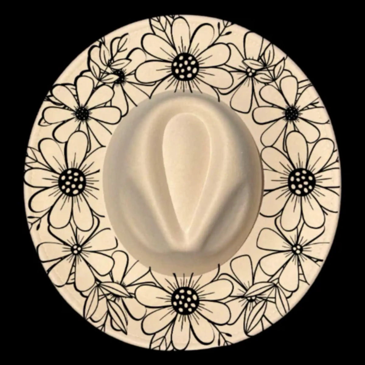 Wide brim hat with daisy patterns on a black background 050226