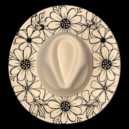 Wide brim hat with daisy patterns on a black background 050226