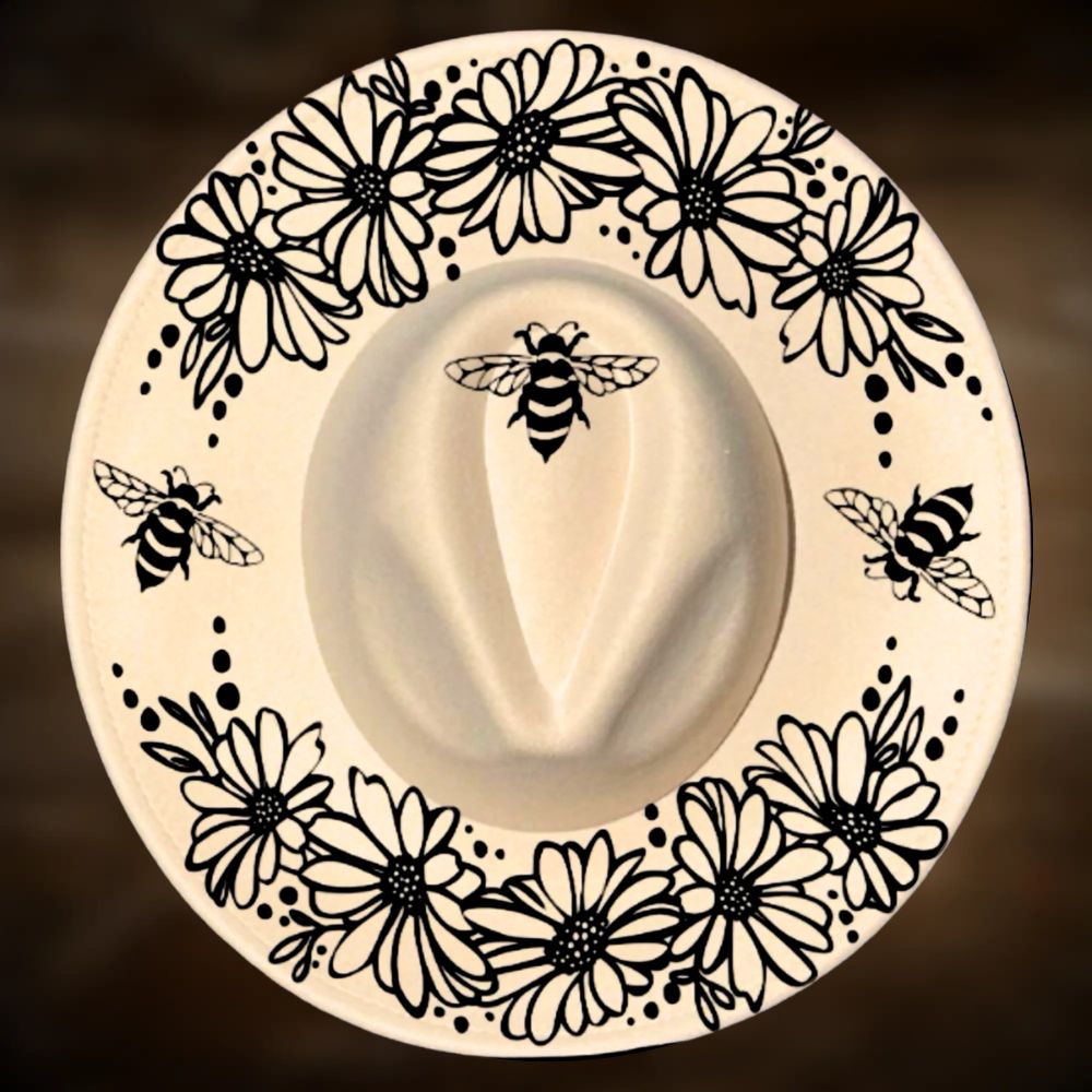 Daisy and Bees on a wide brim hat