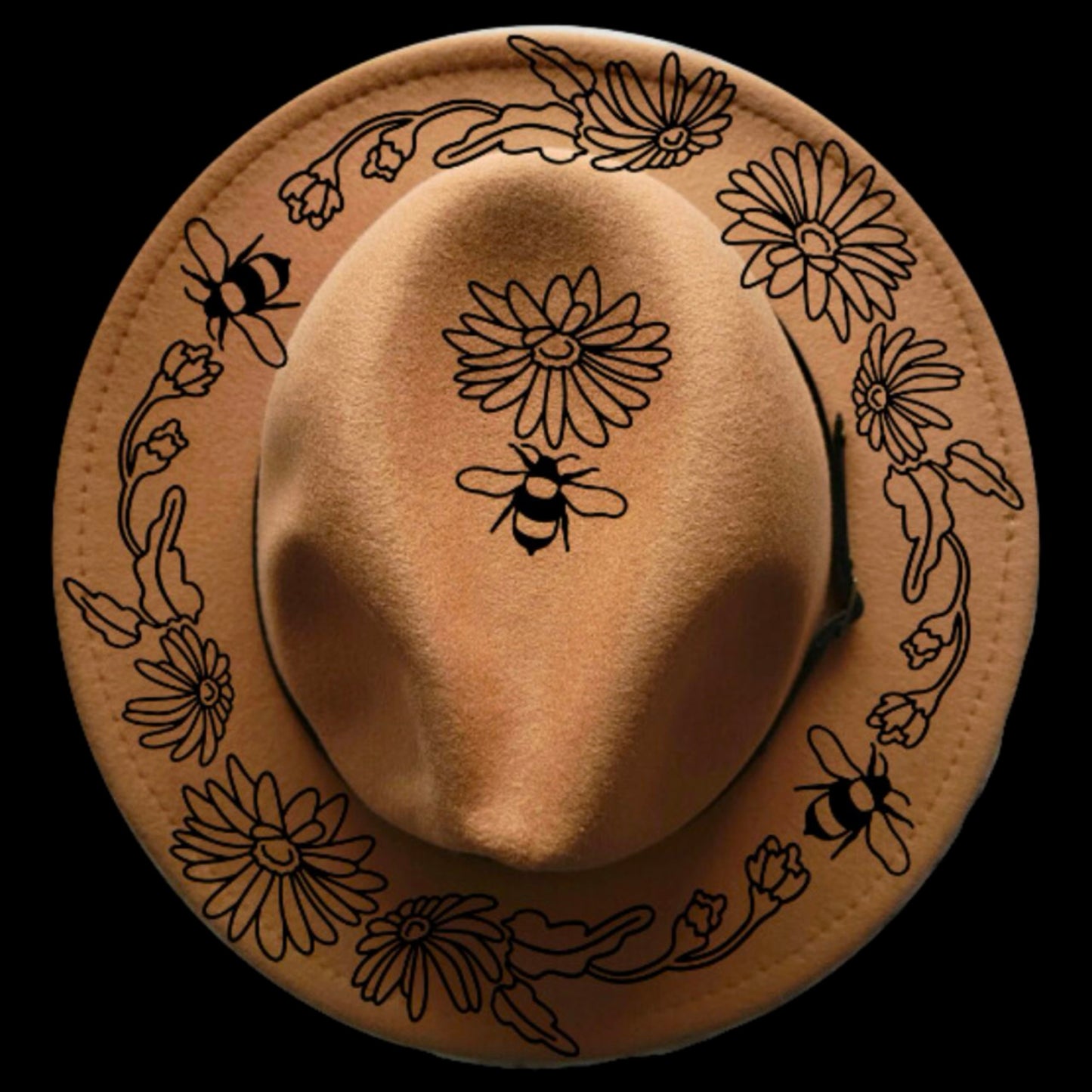 Daisy Bee burned hat design on a narrow brim hat.