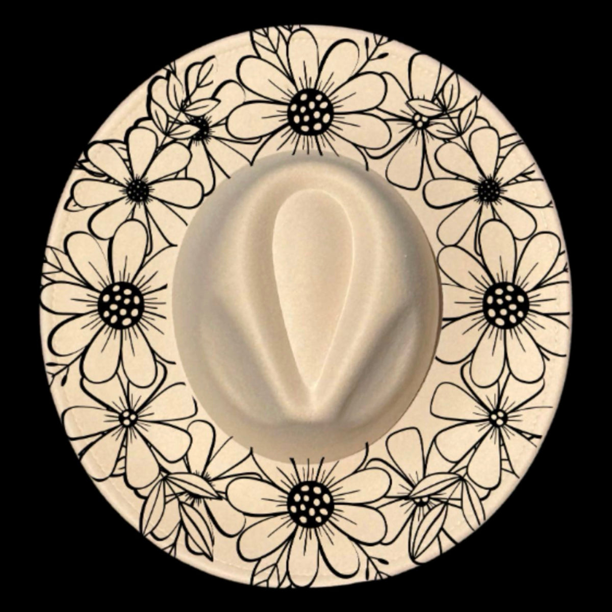 A daisy wreath design on a wide brim hat
