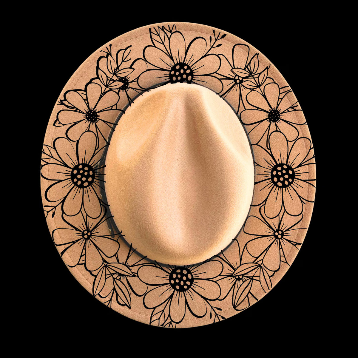 Narrow brim hat with black floral daisy patterns on a black background