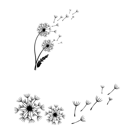Black and white illustration of dandelions with seeds blowing away on a white background