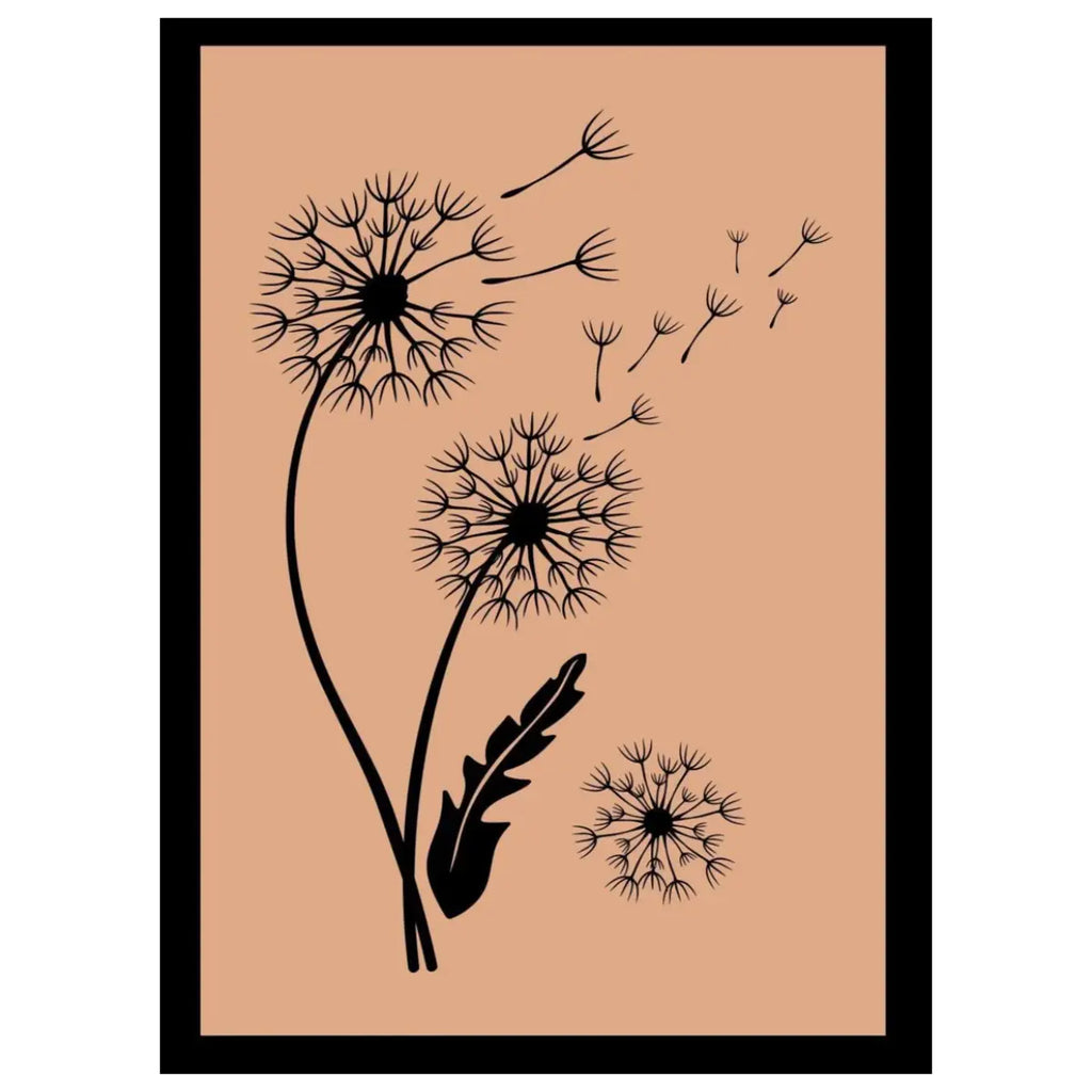 Black dandelion silhouettes on a beige background