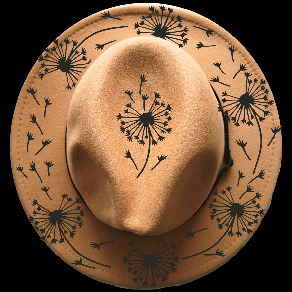 Narrow brim hat with black dandelion designs on a narrow brim hat on a black background