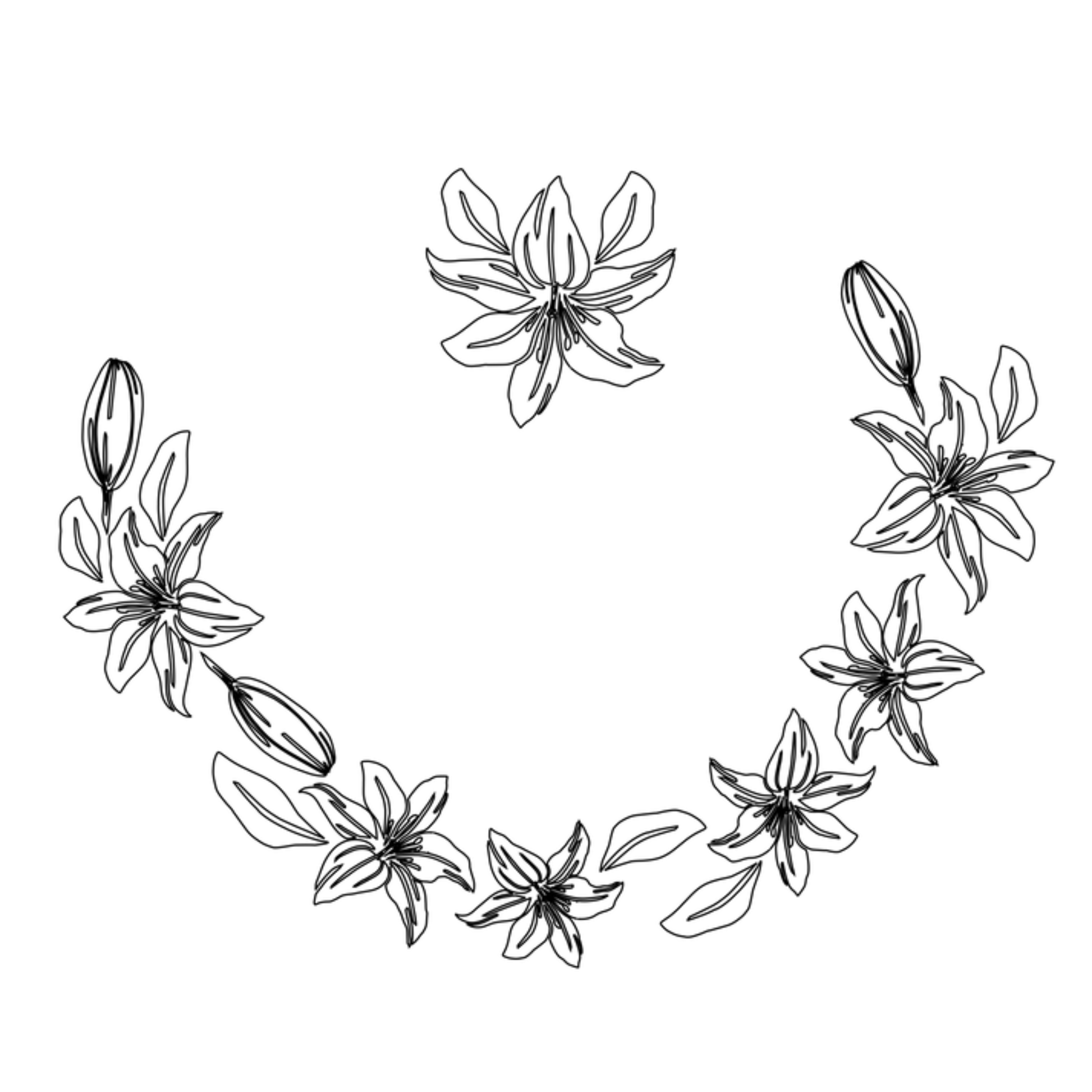 Black and white day lily floral wreath design on a white background
