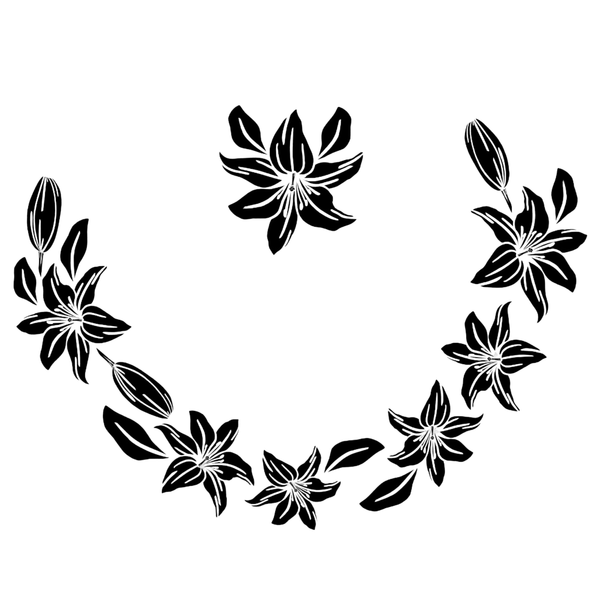 Black day lily floral wreath design on a white background