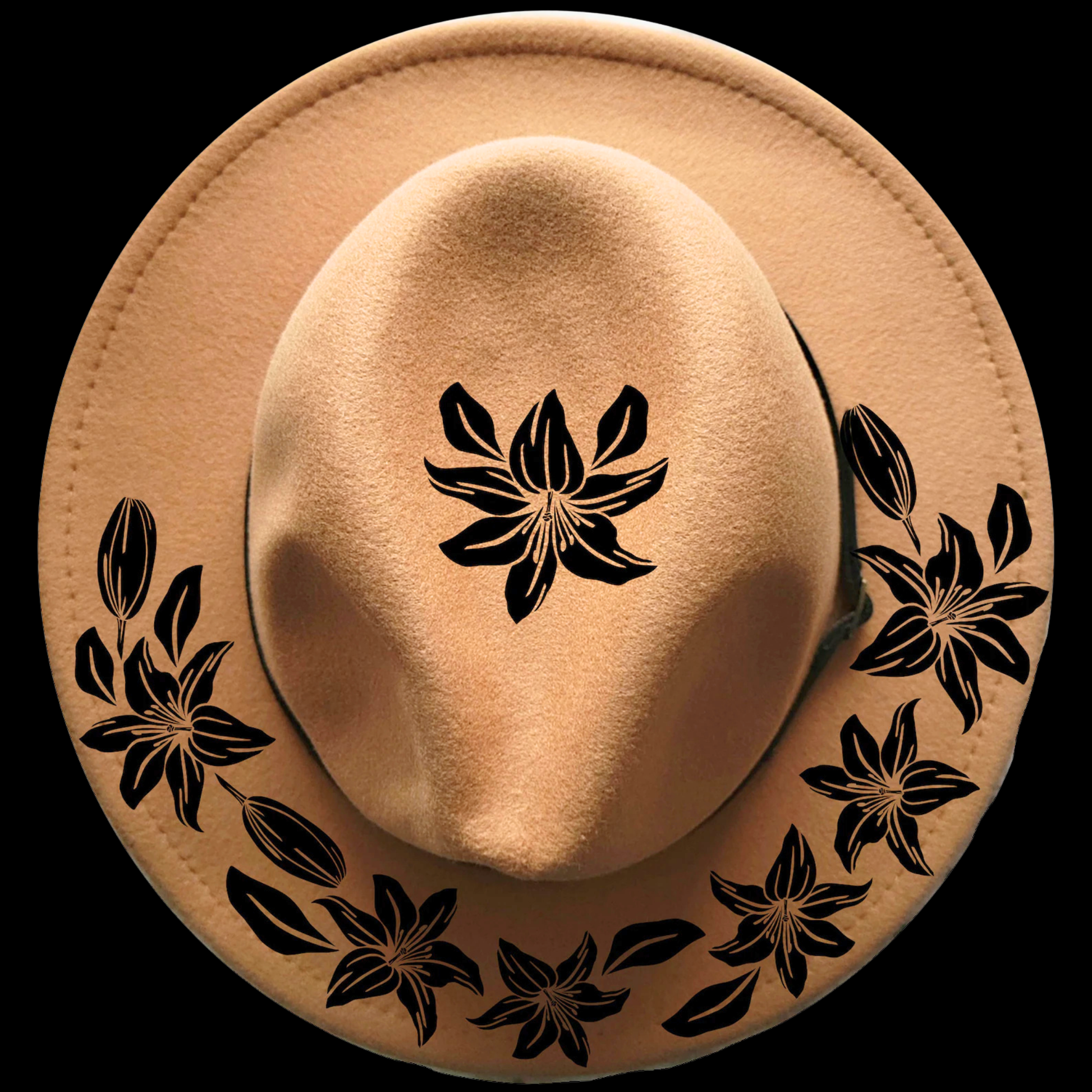 Narrow brim hat with black day lily floral patterns on a black background