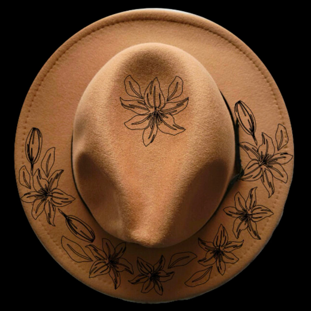 Day lily design on a narrow brim hat.