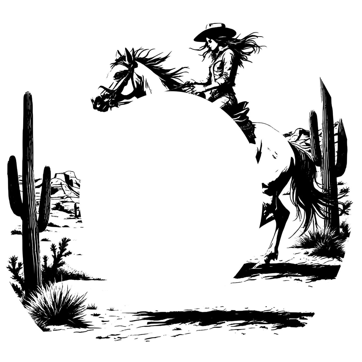 Black and white illustration of a cowboy riding a bucking horse with desert landscape elements.