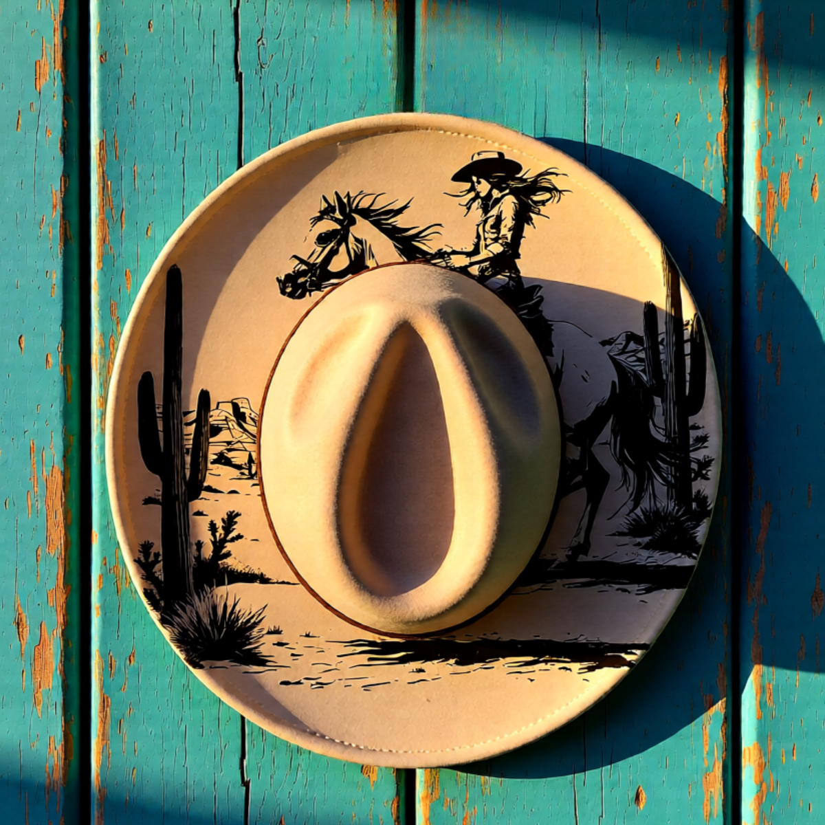 Cowboy hat with desert scene design on a turquoise wooden background