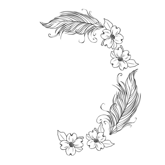Decorative elements including feathers and flowers on a white background