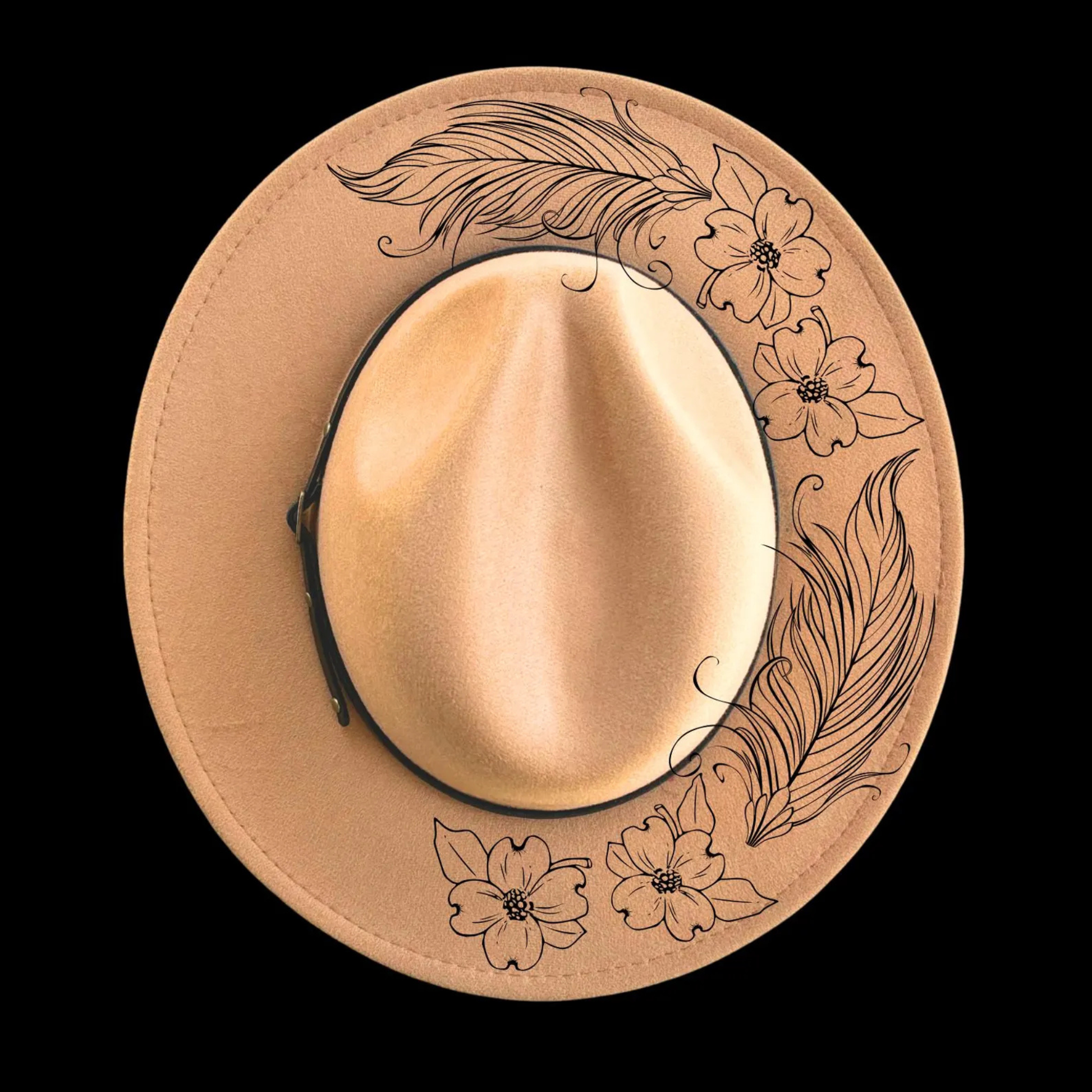 Narrow brim hat with dogwood and feathers floral and feather designs on a black background
